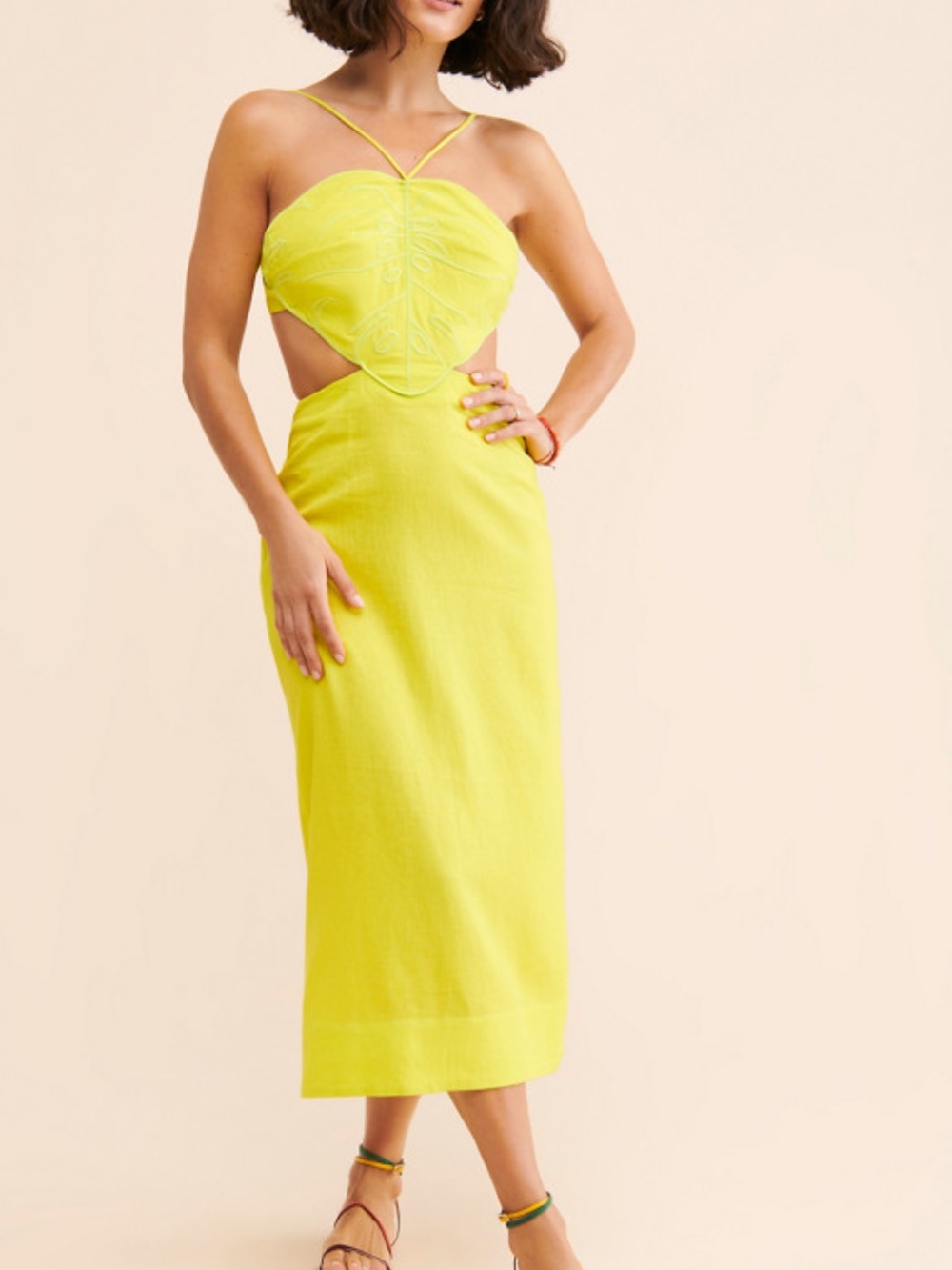 Farm Rio Monstera Midi Yellow Dress Size Medium